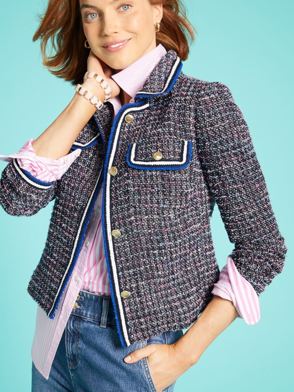Talbots Black, Pink & Blue Tweed Cropped Blazer